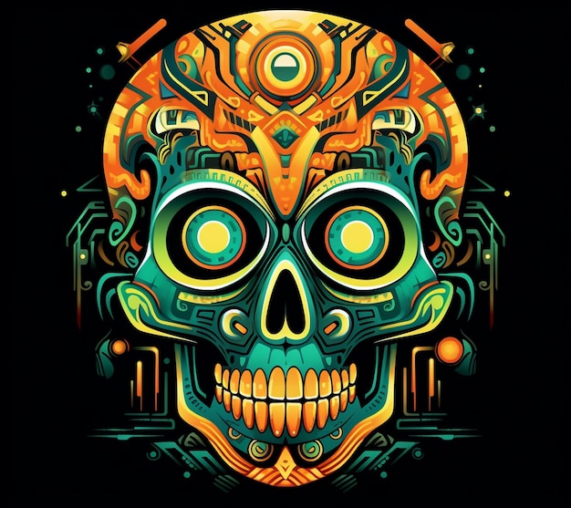 una imagen colorida de un cráneo con un fondo colorido y un diseño colorido.