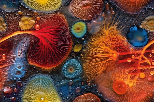 Una imagen colorida de un cuerpo de agua con muchos objetos de diferentes colores.