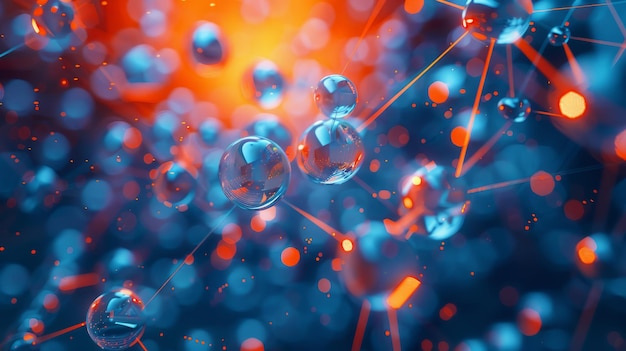 Una imagen colorida de esferas y líneas que parecen estar conectadas Las esferas son azules y naranjas y