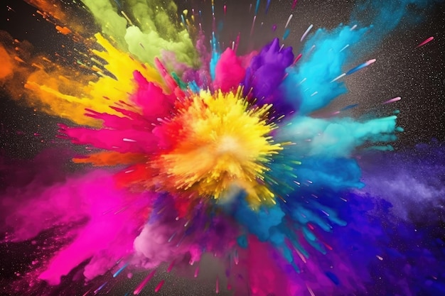 Una imagen de una colorida explosión de pintura holi con mucho polvo de color IA generativa