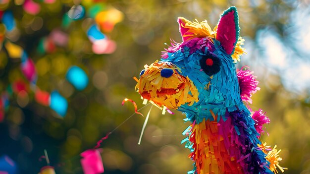 Una imagen colorida y festiva de una pinata de llama La pinata está hecha de papel de seda brillante y tiene una larga cola