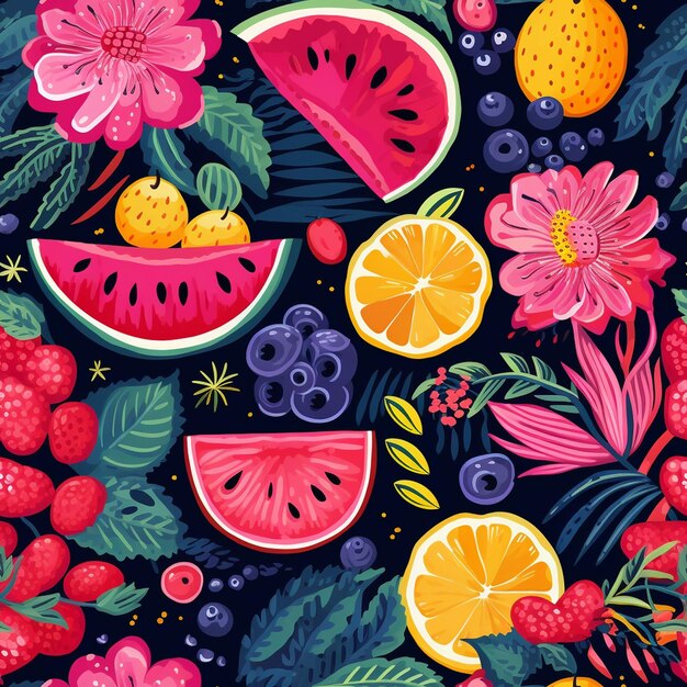 Foto una imagen colorida de frutas y flores con las palabras frutas en ella