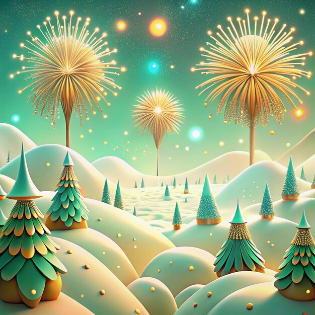 una imagen colorida de fuegos artificiales y un cielo cubierto de nieve