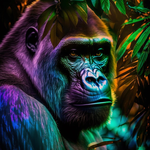 Una imagen colorida de un gorila con una cara negra y un fondo verde.