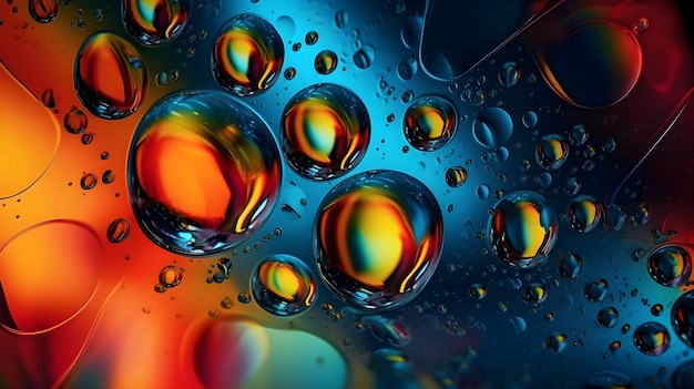 Una imagen colorida de gotas de agua sobre un fondo azul, rojo y naranja.