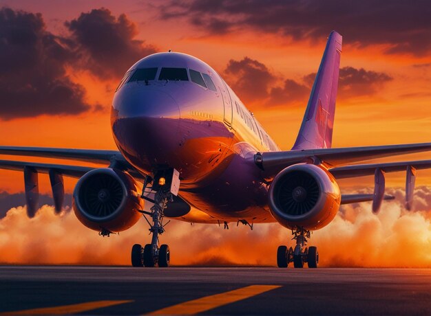 una imagen colorida de un gran avión de pasajeros en la pista