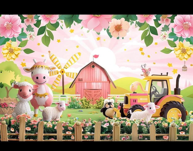 una imagen colorida de una granja con una vaca y una valla con las palabras "la granja" en ella
