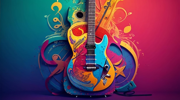 Foto una imagen colorida de una guitarra con las palabras música en la parte inferior