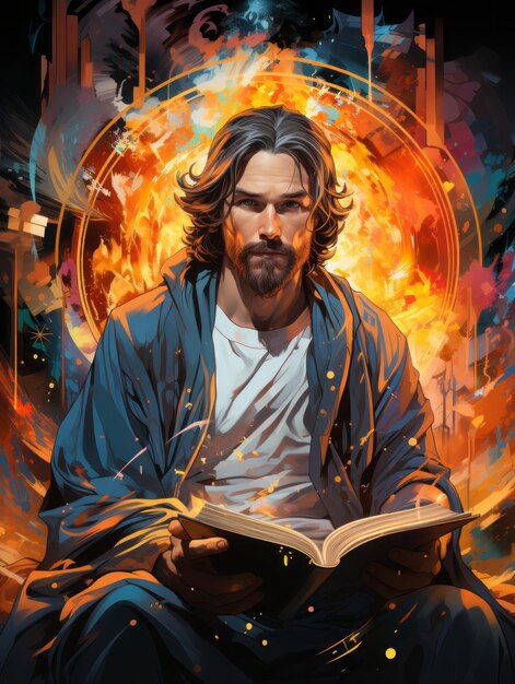 Imagen colorida de Jesús sentado con un libro