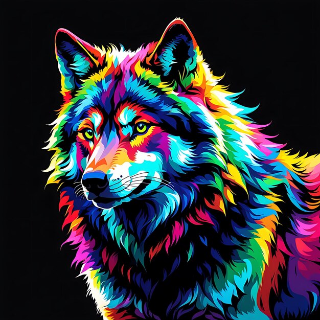 Foto una imagen colorida de un lobo con los colores del arco iris en él