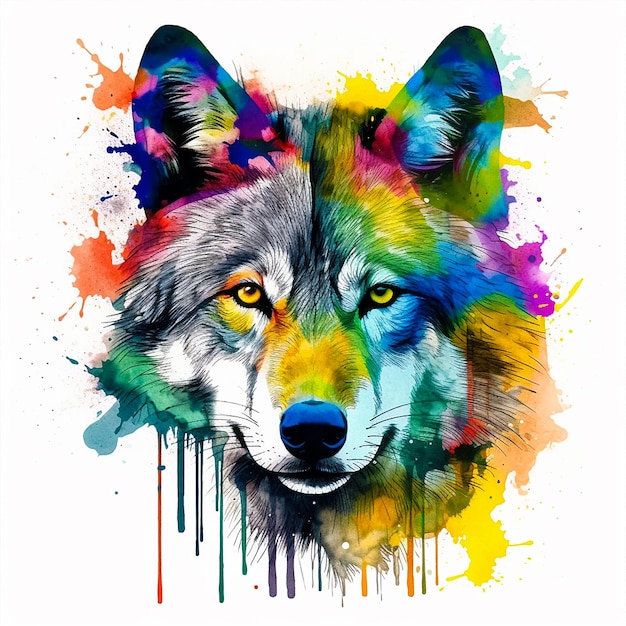 Una imagen colorida de un lobo con una nariz negra y un ojo amarillo.