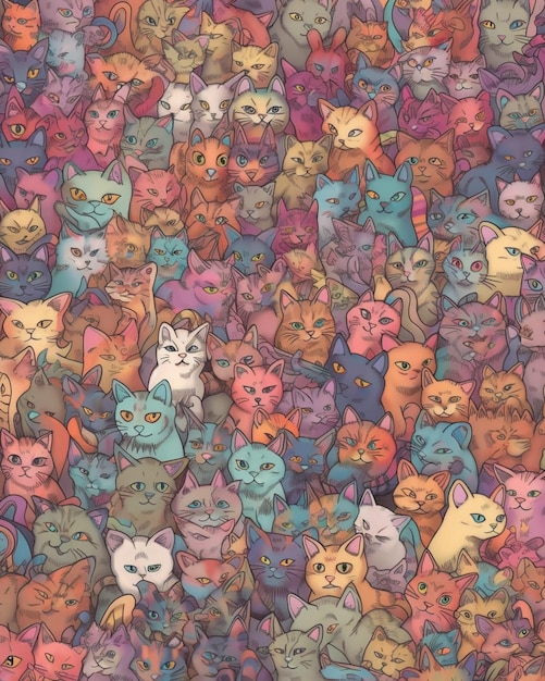 Una imagen colorida de muchos gatos con uno de ellos mostrando los ojos y el otro de los gatos.