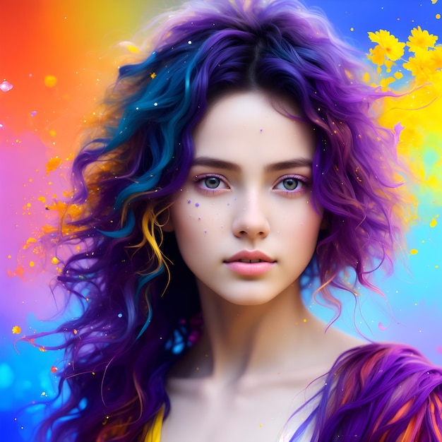 Una imagen colorida de una niña con cabello azul y morado.