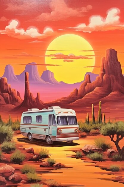 Foto una imagen colorida de un paisaje desértico con una furgoneta y montañas en el fondo
