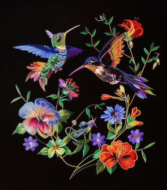 una imagen colorida de pájaros y flores con un pájaro en el medio