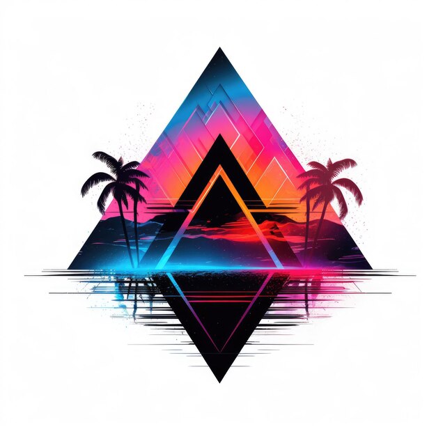 una imagen colorida de palmeras y una pirámide con palmeras en el fondo.