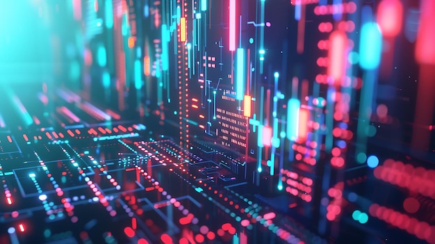 una imagen colorida de una pared de luces de neón