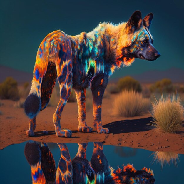 Una imagen colorida de un perro con un reflejo del animal en el suelo.
