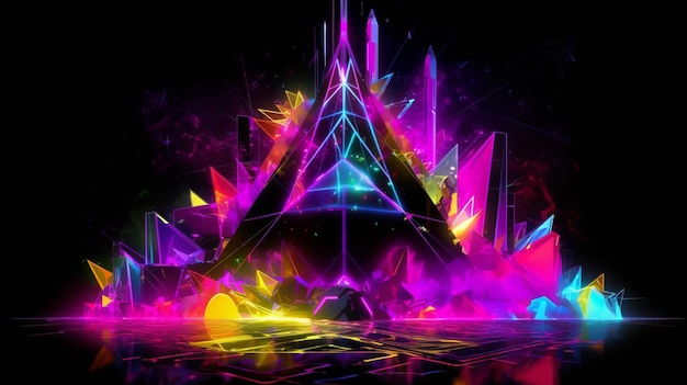 Una imagen colorida de una pirámide con un fondo negro y una luz en el medio.
