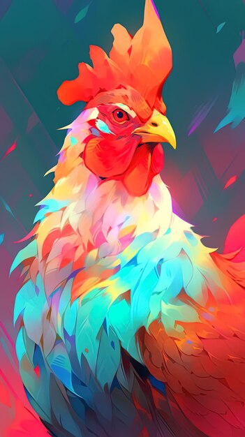 una imagen colorida de un pollo con un fondo colorido