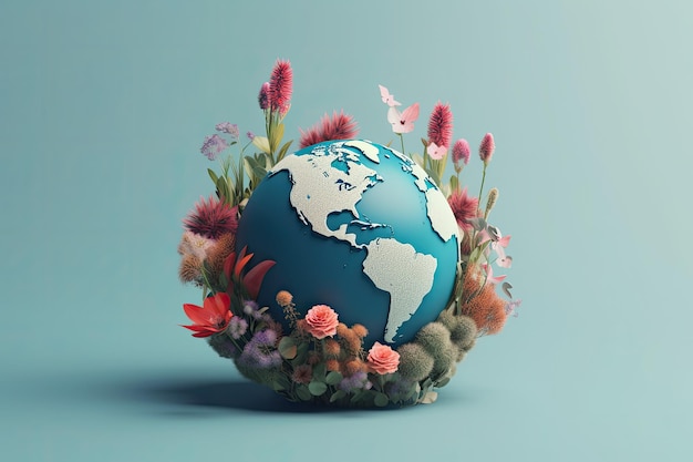 Una imagen colorida de la tierra con flores a su alrededor para el fondo del Día Mundial de la Tierra