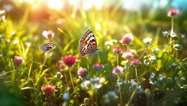 Una imagen colorida de tréboles y mariposas a la luz del sol de la naturaleza IA generativa