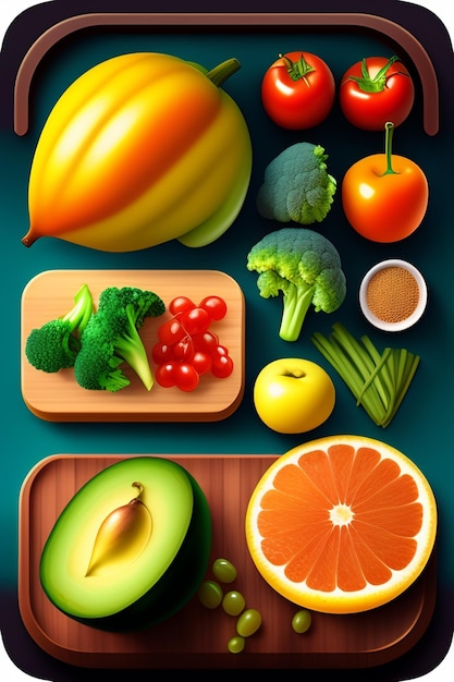 Una imagen colorida de una variedad de frutas y verduras.