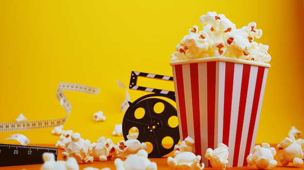 Imagen colorida y vibrante con un cubo de palomitas de maíz a rayas con palomita de maíz desbordante un carrete de película y una tira de película sobre un fondo amarillo