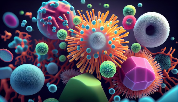 Una imagen colorida de un virus y una bacteria.