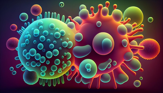 Una imagen colorida de un virus y una bacteria.