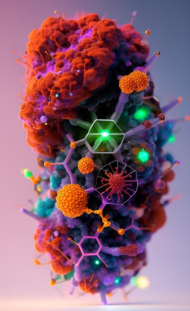 Una imagen colorida de un virus con una luz verde.