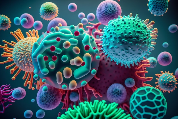 Una imagen colorida de un virus y un microscopio.