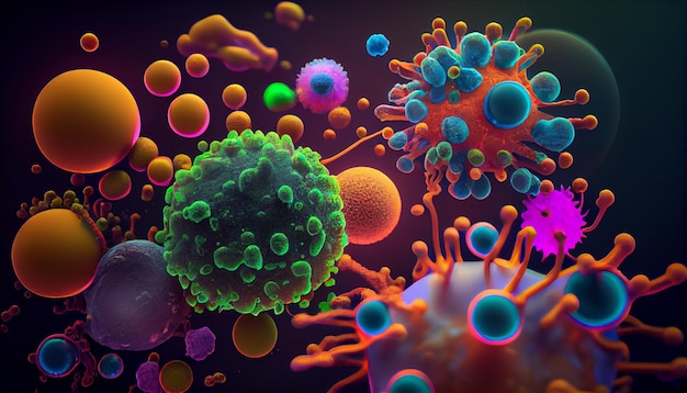 Una imagen colorida de un virus y un microscopio.