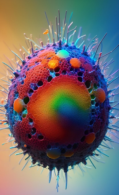 Una imagen colorida de un virus con la palabra "en él"