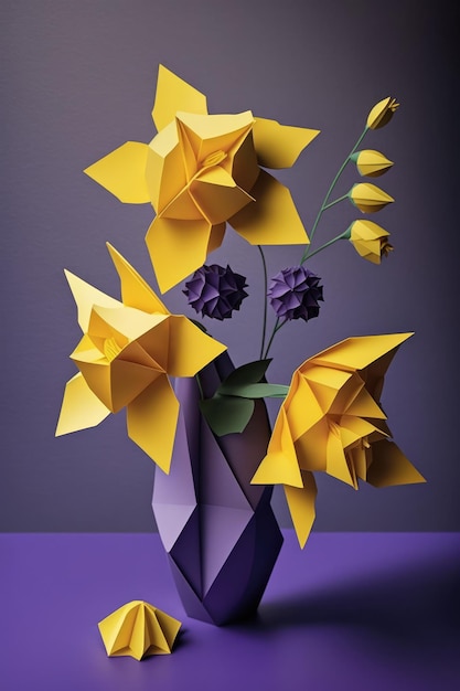 Imagen de coloridas flores de origami sobre fondo morado creadas con tecnología generativa de IA