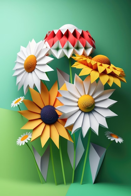 Imagen de coloridas flores de papel de origami sobre fondo verde creadas con tecnología de IA generativa