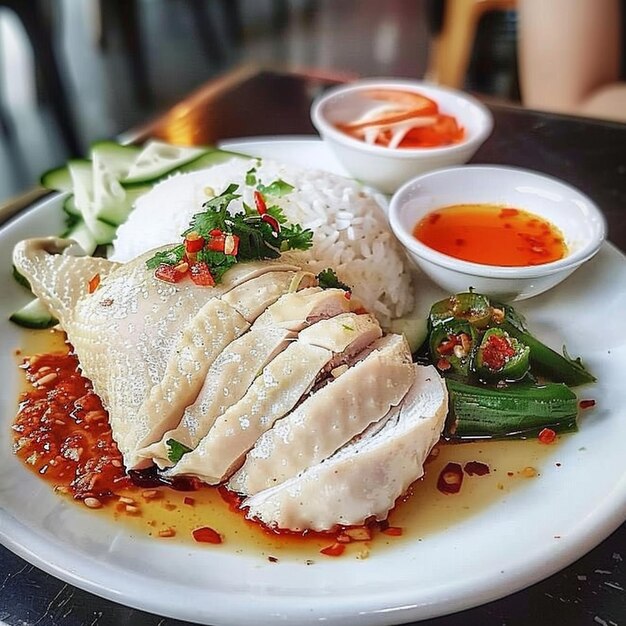 Foto imagen de comida china que hainanese chicken rice y buena aplicación para el menú del libro