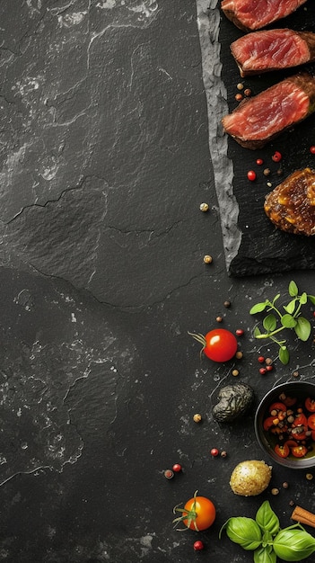 una imagen de comida y una mesa de piedra negra con un tomate y un tomate