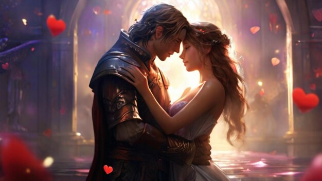 Imagen completa de una pareja abrazándose en el mundo de la fantasía