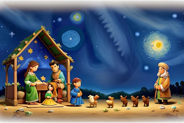 Foto imagen completa del pesebre pastoral de la sagrada familia del nacimiento de van gogh pintando una noche estrellada