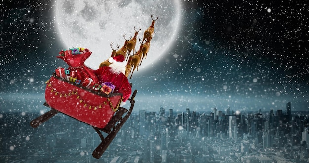 Imagen compuesta de un alto ángulo de vista de santa claus en trineo durante la navidad