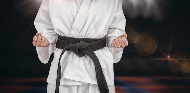 Imagen compuesta de atleta femenina posando en kimono