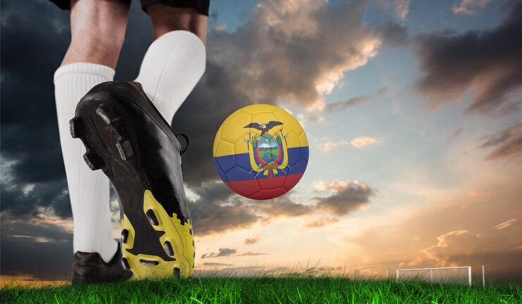 Imagen compuesta de bota de fútbol pateando la pelota de ecuador contra la hierba verde bajo el cielo azul y naranja
