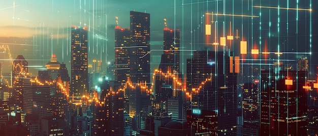 Una imagen compuesta de un bullicioso horizonte de la ciudad cubierta de brillantes gráficos financieros y estadísticas
