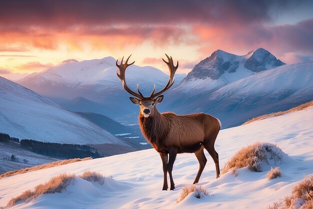 Foto imagen compuesta de un ciervo rojo en beautiful alpen glow golpeando las cumbres de las montañas