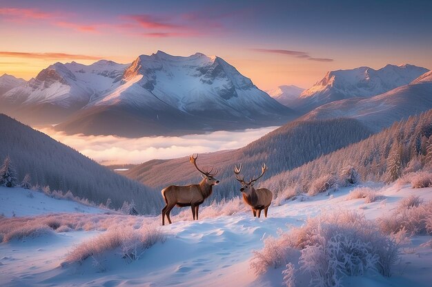 Imagen compuesta de un ciervo rojo en Beautiful Alpen Glow golpeando las cumbres de las montañas