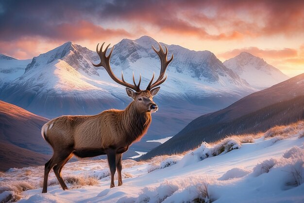 Foto imagen compuesta de un ciervo rojo en beautiful alpen glow golpeando las cumbres de las montañas