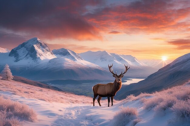 Imagen compuesta de un ciervo rojo en Beautiful Alpen Glow golpeando las cumbres de las montañas