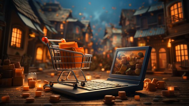 Imagen compuesta digital de un carrito de compras en línea con una computadora portátil