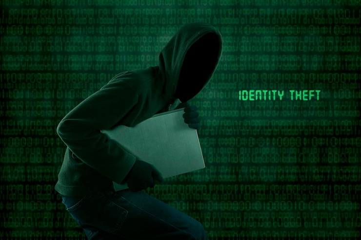 Foto imagen compuesta digital de un ciberdelincuente con una computadora portátil contra el código binario